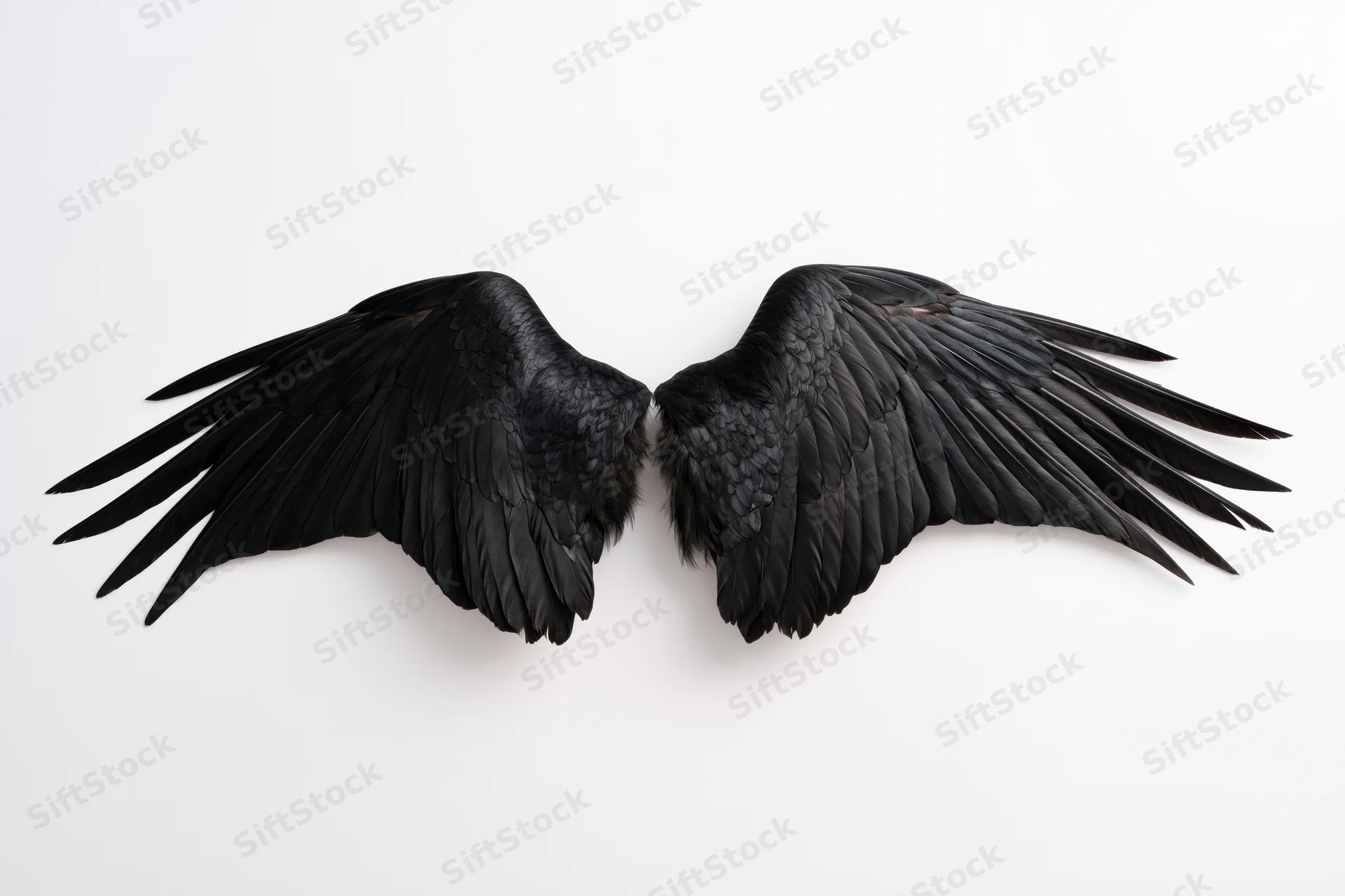 Pair of black bird wings spread symmetrically on white background