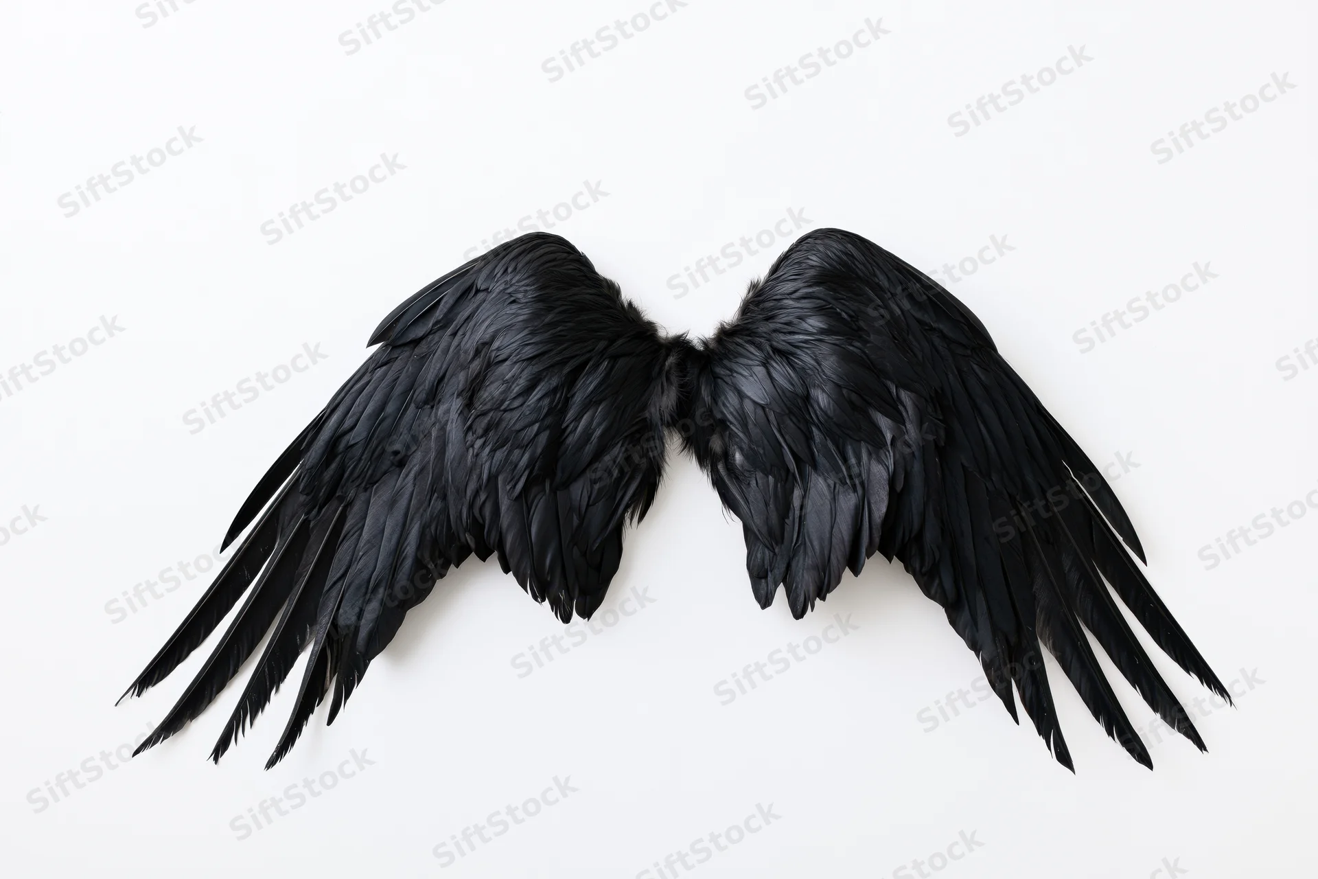 Pair of black bird wings spread symmetrically on white background