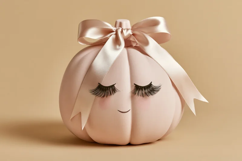 Blush pink decorative pumpkin with false eyelashes and satin bow on beige background