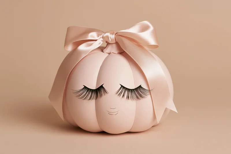 Blush pink decorative pumpkin with false eyelashes and satin bow on plain background