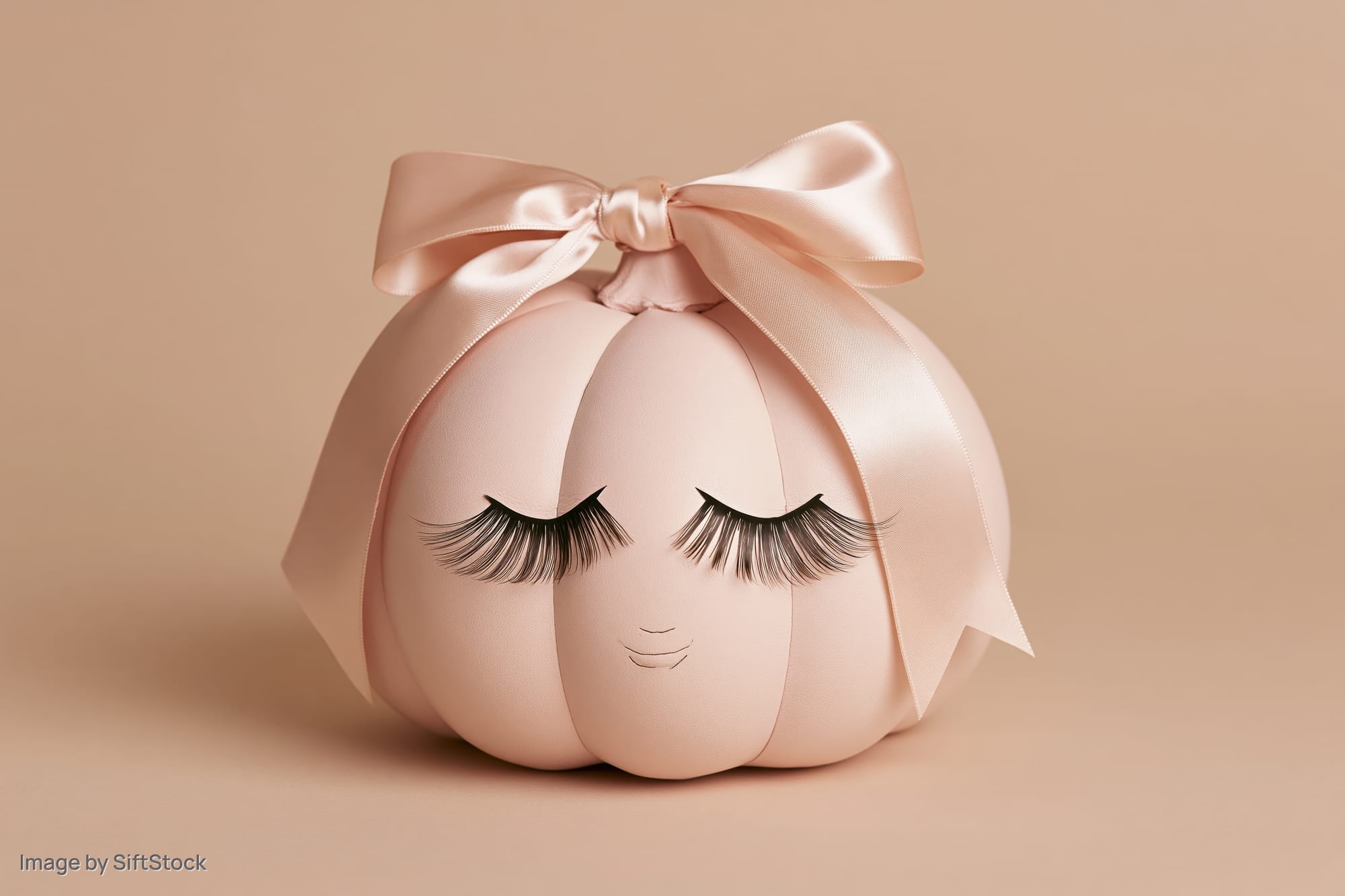 Blush pink decorative pumpkin with false eyelashes and satin bow on plain background