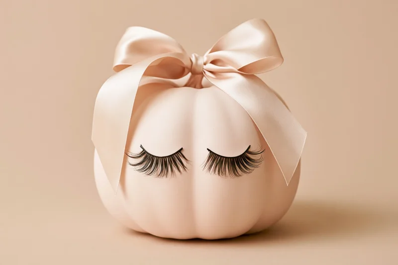 Pale pink decorative pumpkin with false eyelashes and satin bow on beige background