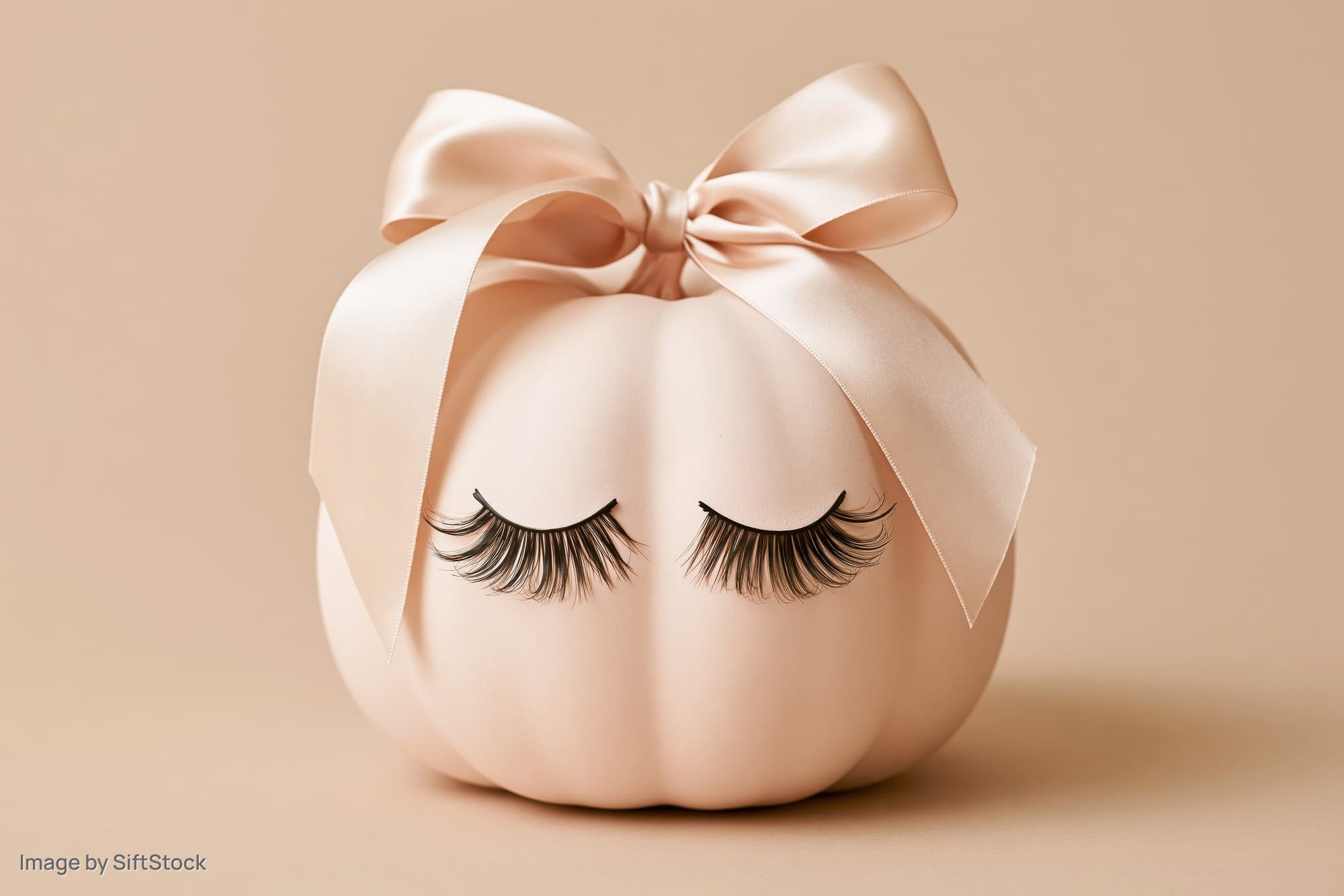 Pale pink decorative pumpkin with false eyelashes and satin bow on beige background