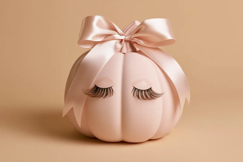 Blush pink decorative pumpkin with satin bow and false eyelashes on beige background
