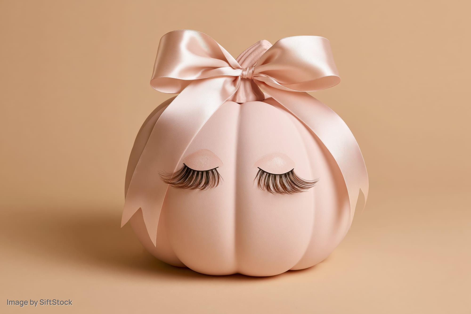 Blush pink decorative pumpkin with satin bow and false eyelashes on beige background