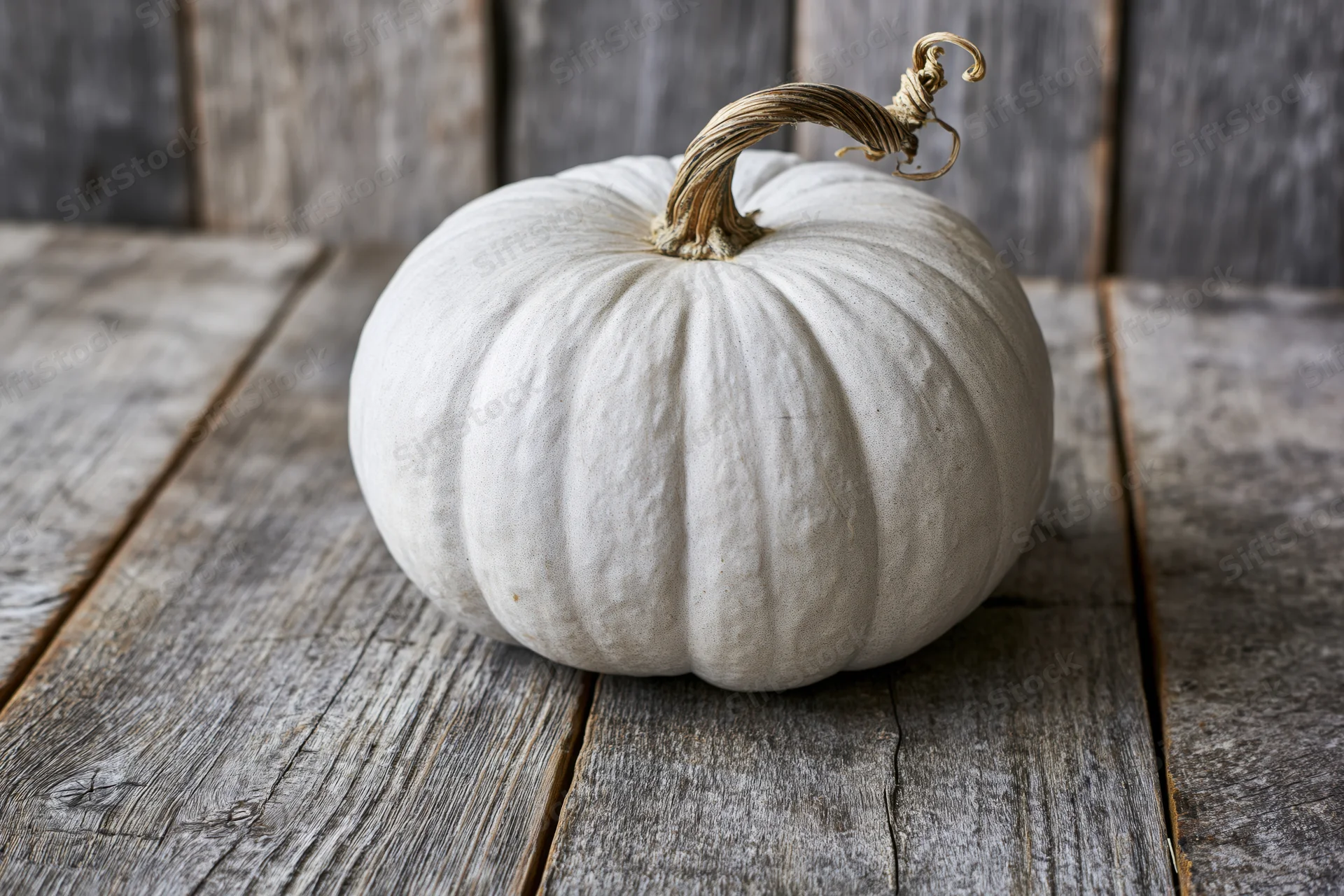 White heirloom pumpkin with dried twisted stem on weathered wooden table