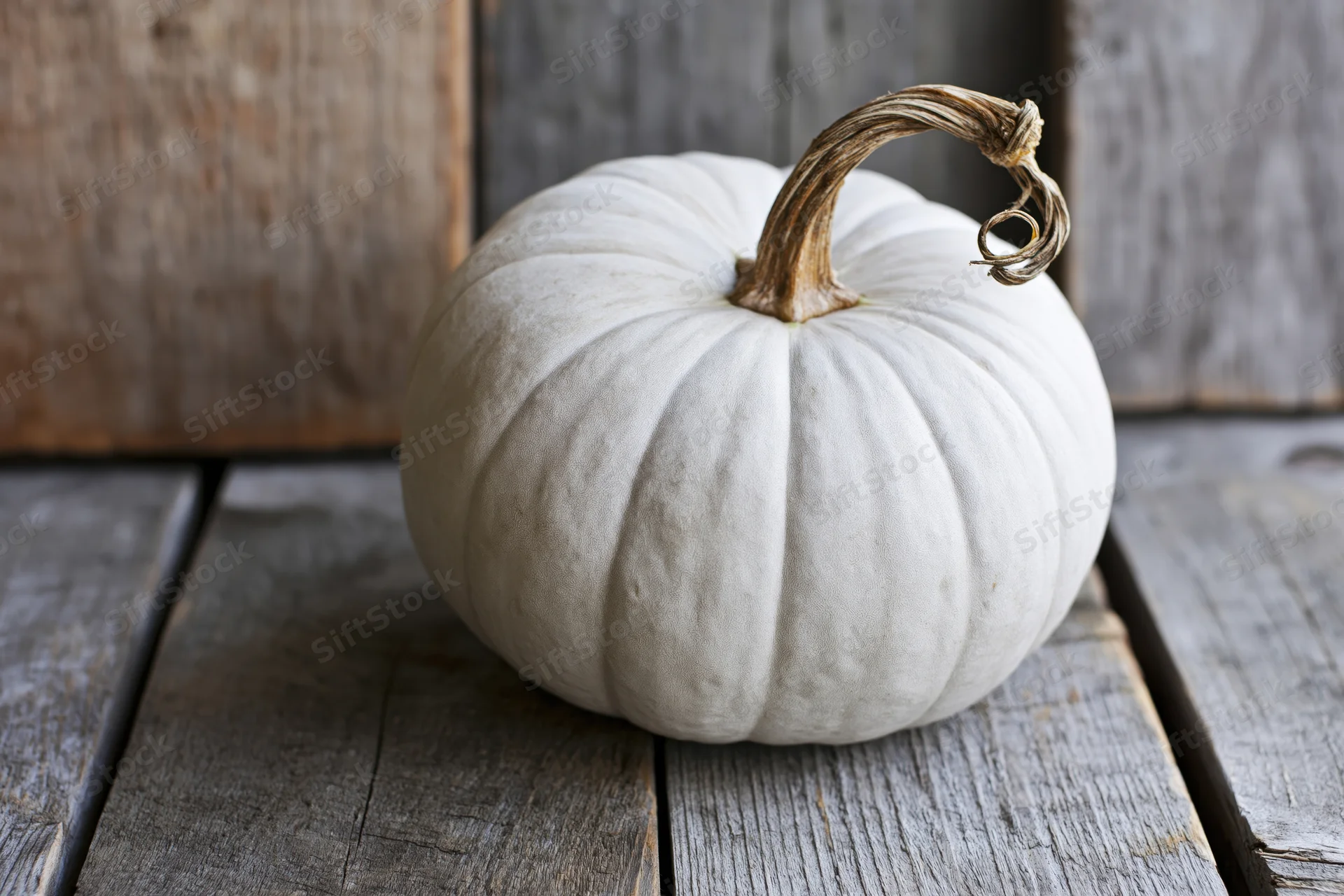 White heirloom pumpkin with dried twisted stem resting on weathered wooden table