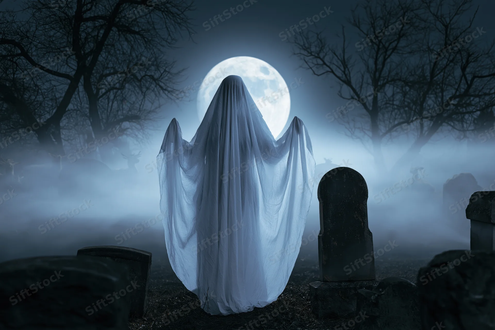 Ghost in white sheet costume standing in foggy graveyard at night with full moon behind