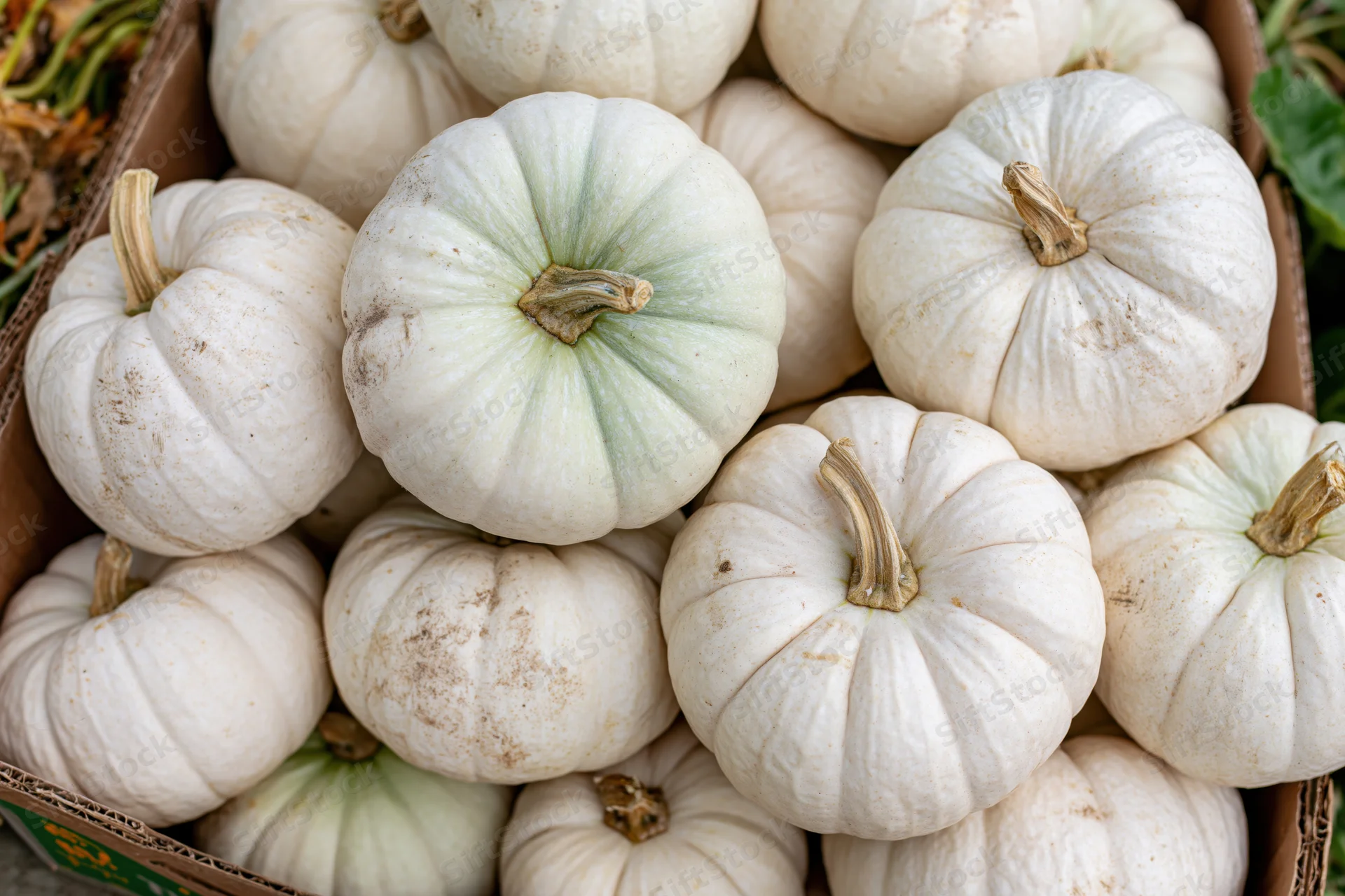 White ghost pumpkins heaped in a cardboard box at a farm market