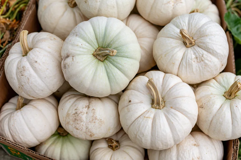 White ghost pumpkins heaped in a cardboard box at a farm market