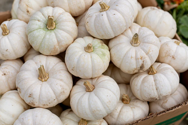 White ghost pumpkins heaped in a cardboard box
