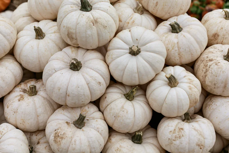 White pumpkins stacked in a pile filling the frame