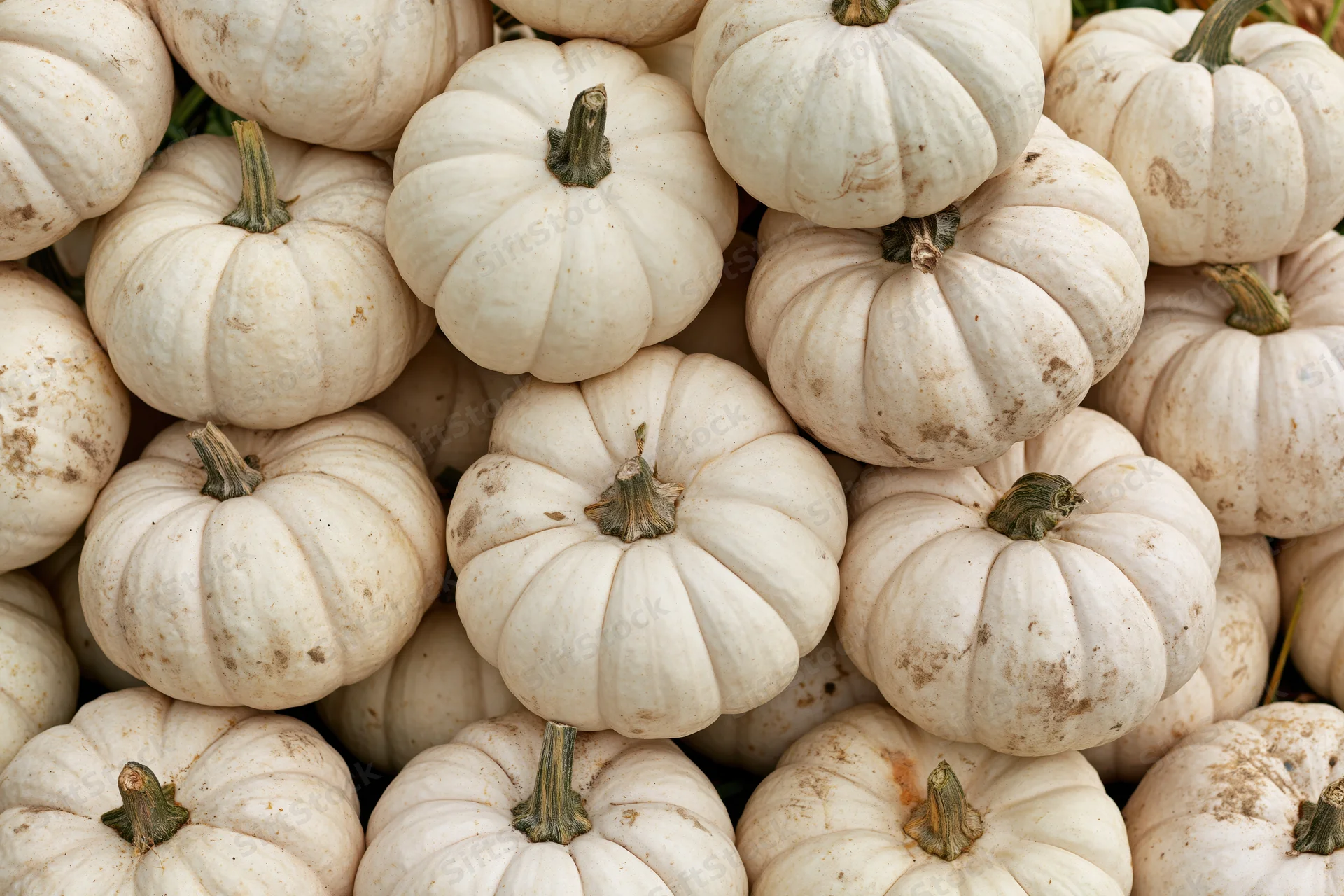 White pumpkins stacked in a pile filling the frame