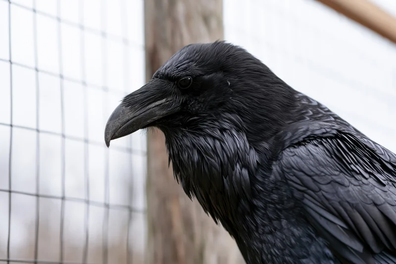 Raven in closeup profile perched near a weathered wooden post and wire fence