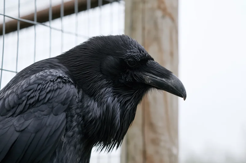 Raven in closeup profile perched near weathered wooden post and wire fence