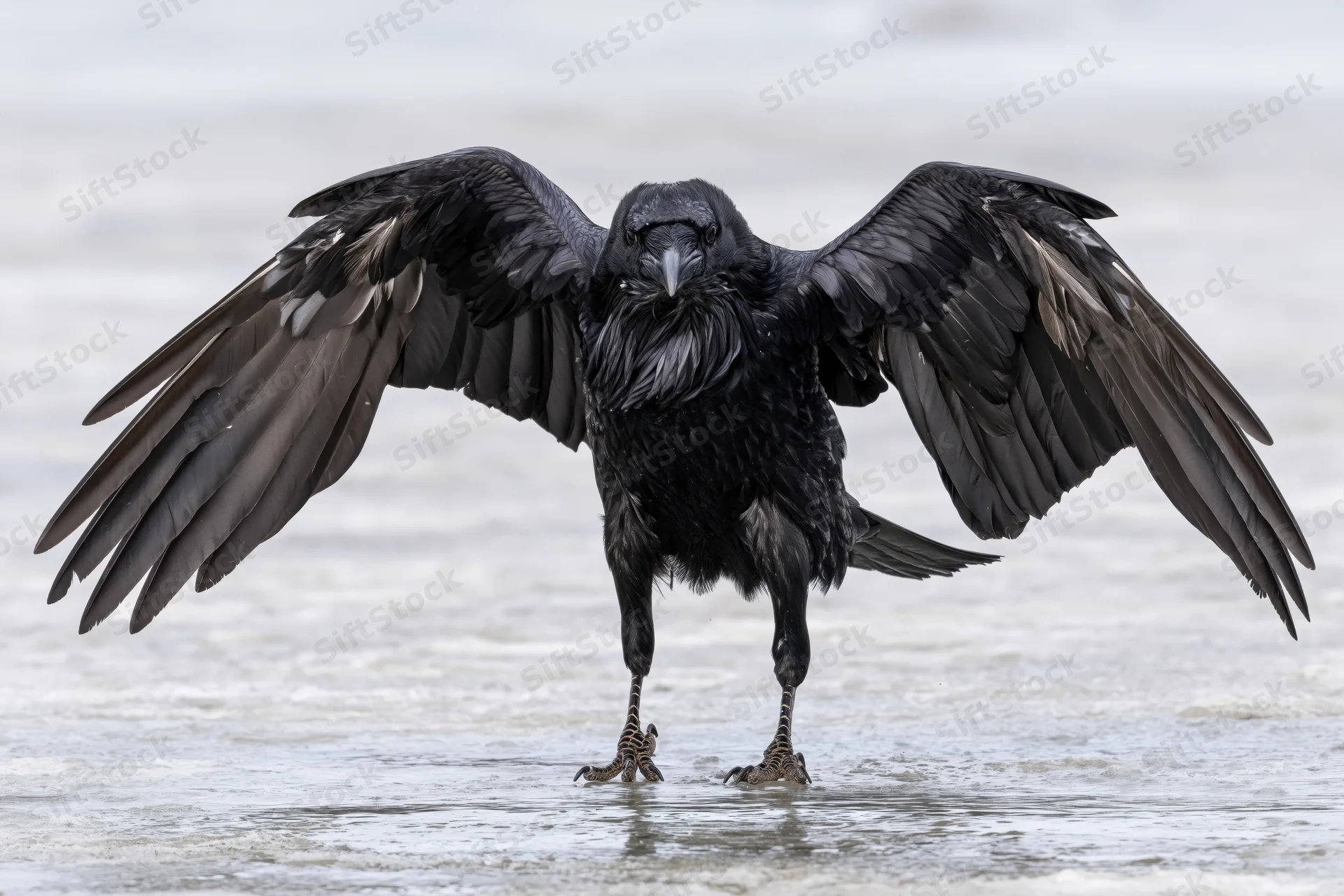 Raven landing with wings spread on frozen lake surface