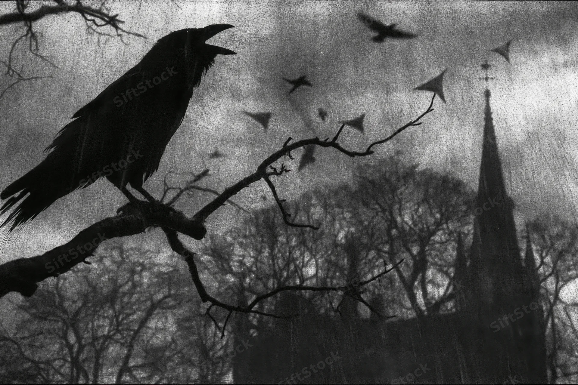 Raven perched on gnarled branch beak open mid-call with church spire in background under stormy sky