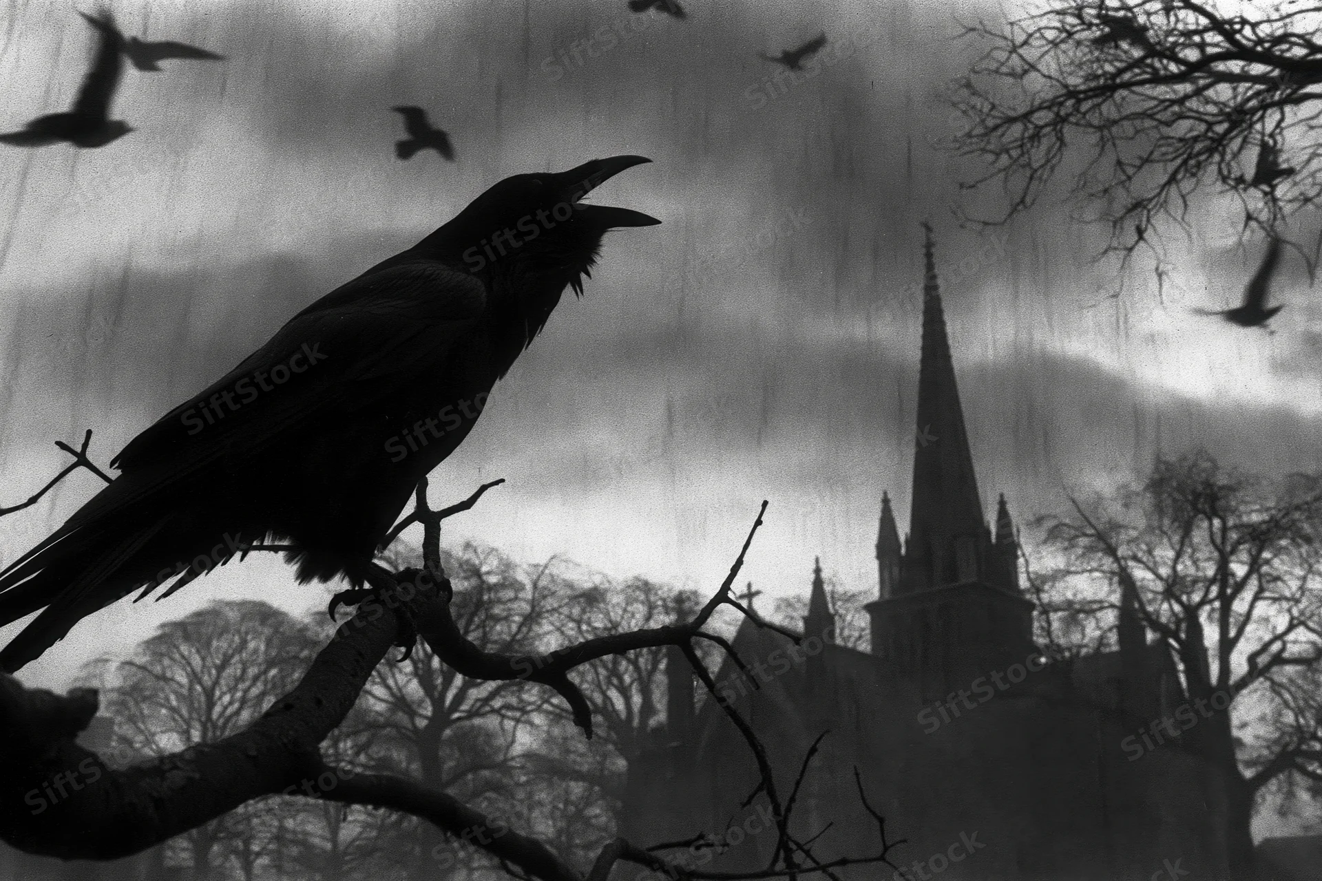 Raven perched on gnarled branch beak open mid-call with church spire in background under stormy sky
