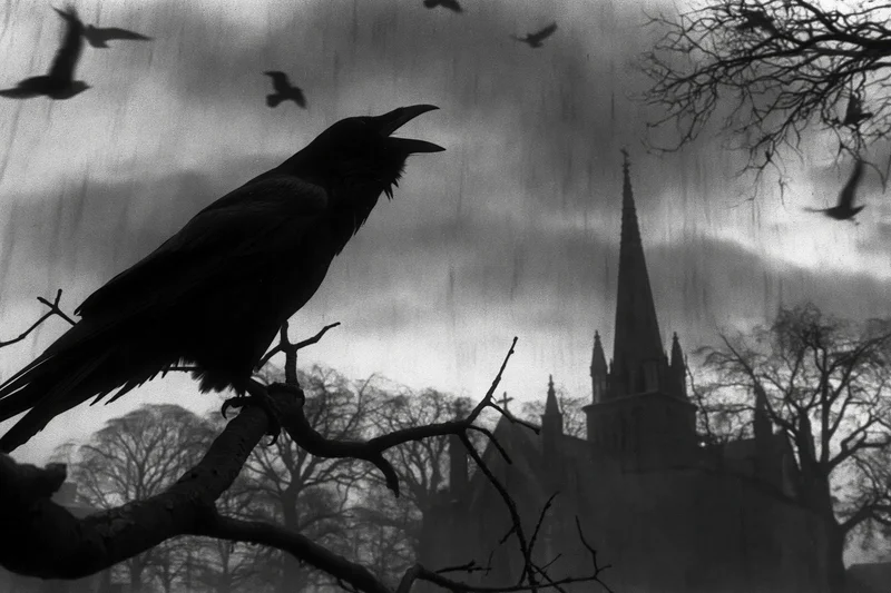 Raven perched on gnarled branch beak open mid-call with church spire in background under stormy sky