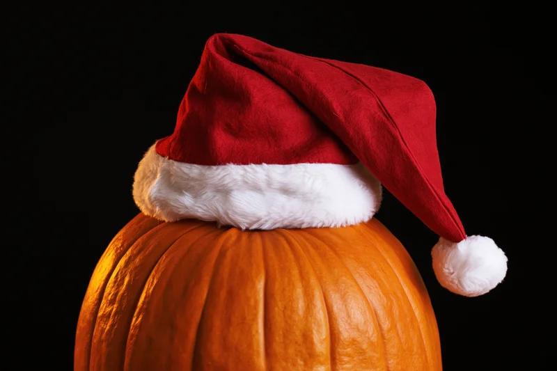 Pumpkin wearing a santa hat against a black background