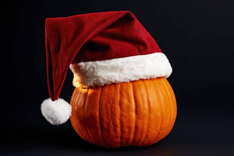 Pumpkin wearing a santa hat against a dark background