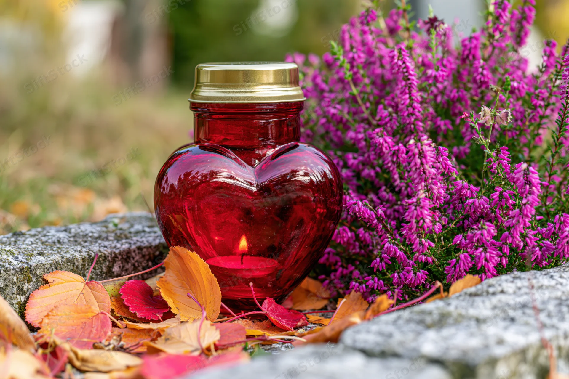 Red heart-shaped glass grave lantern with lit candle surrounded by autumn leaves and purple heather on stone in cemetery