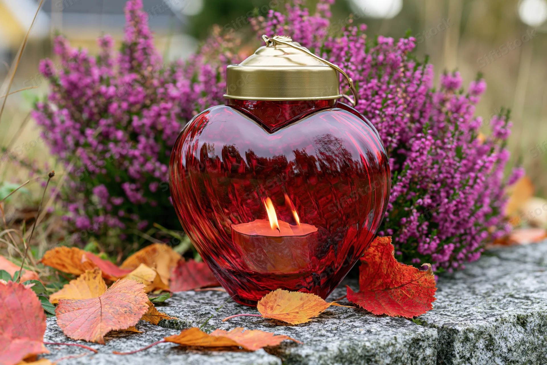 Red heart-shaped glass grave lantern with lit candle on stone surrounded by autumn leaves and purple heather