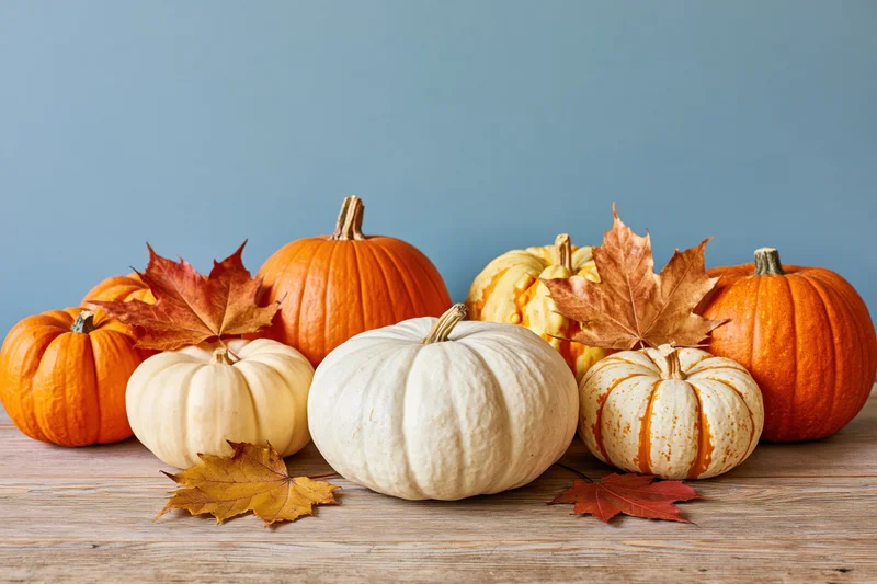 Assorted pumpkins and gourds with autumn leaves arranged on a wooden table