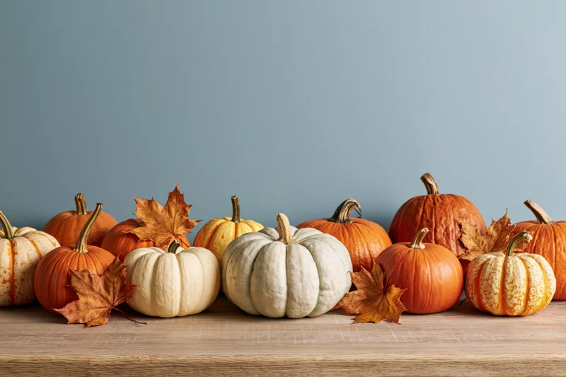 Assorted pumpkins and gourds arranged in a row on a wooden table with autumn leaves