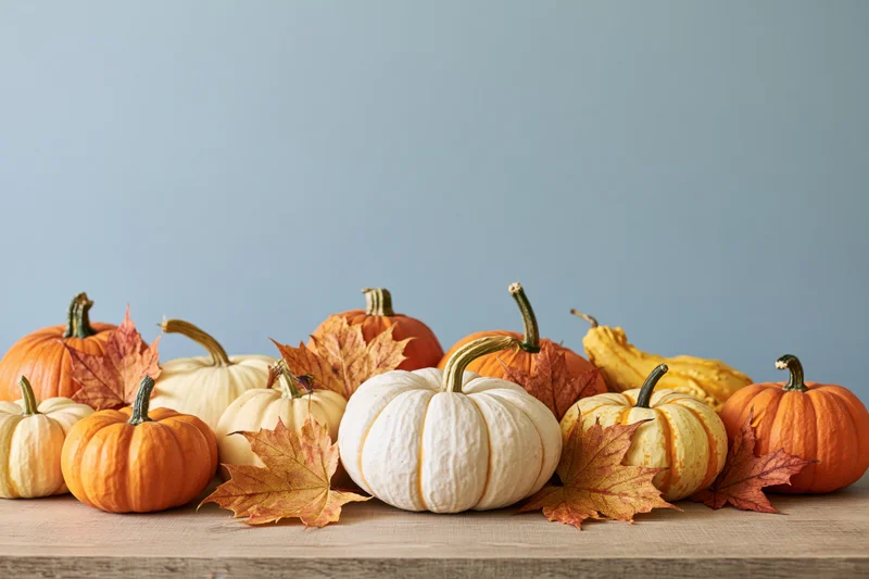 Assorted pumpkins and gourds with autumn leaves arranged on a wooden table