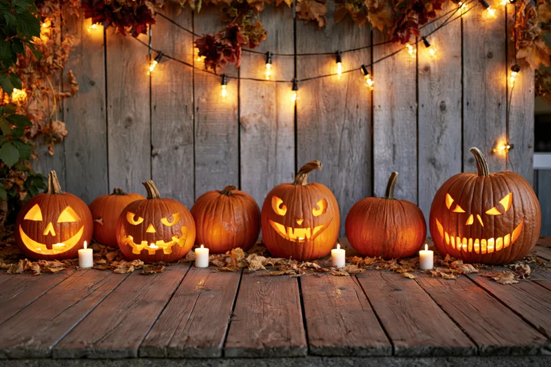 Carved jack-o-lanterns and uncarved pumpkins arranged in a row on a wooden deck with string lights and candles, surrounded by autumn leaves and foliage