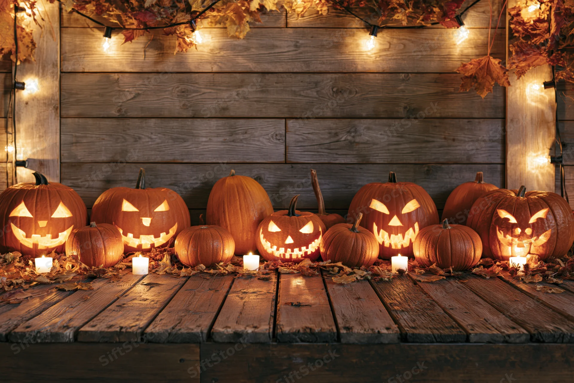 Carved jack-o-lanterns and uncarved pumpkins arranged on a wooden table with string lights and autumn leaves around