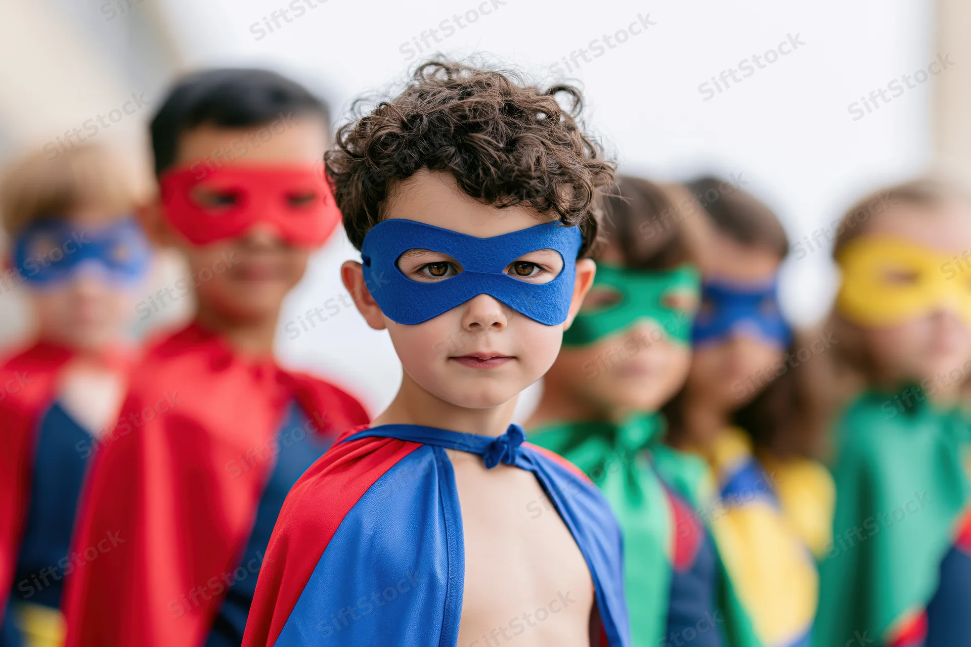 Young children in colorful superhero costumes standing in a row indoors