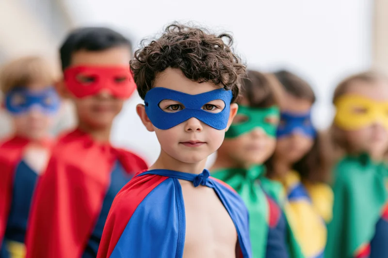 Young children in colorful superhero costumes standing in a row indoors