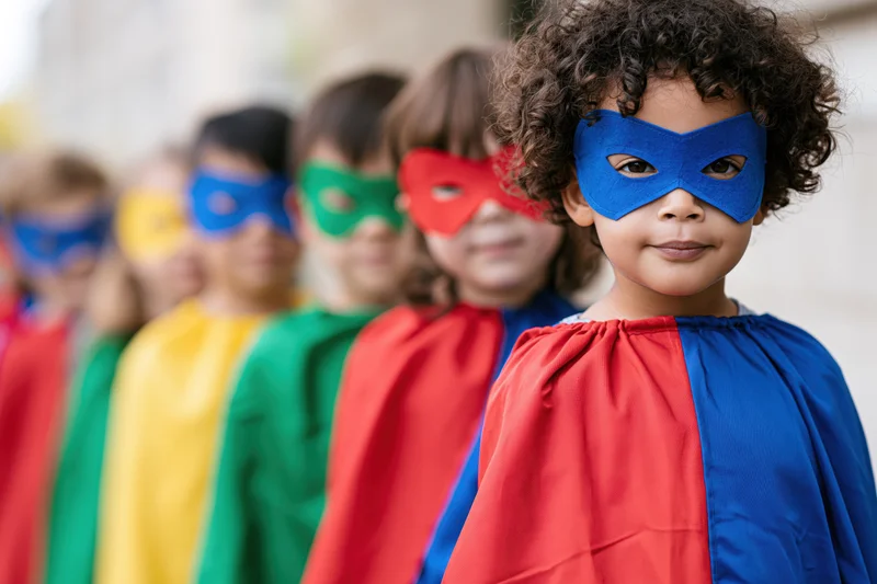 Young children in colorful superhero costumes standing in a row, smiling and wearing capes and masks