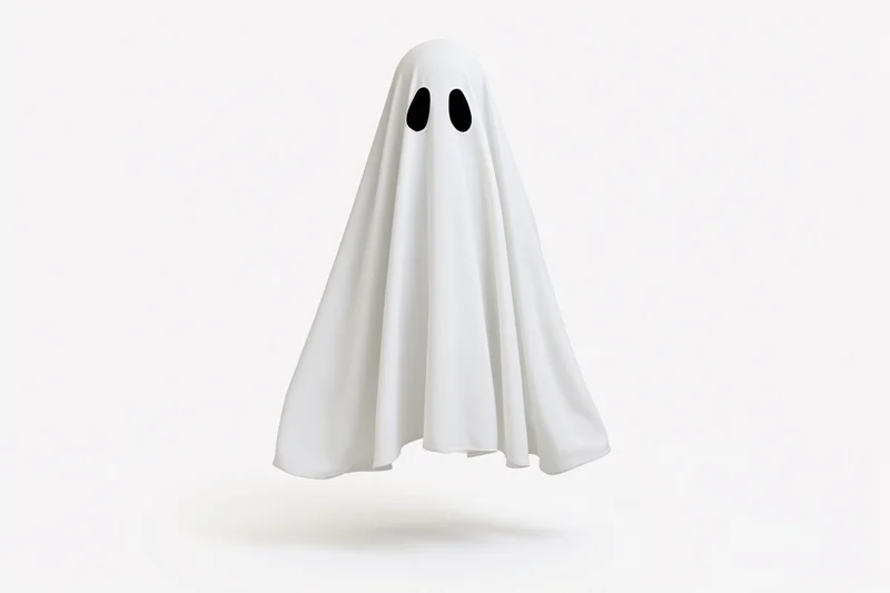 White sheet ghost costume floating against plain white background