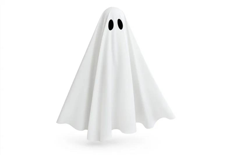 White sheet ghost costume floating against plain white background
