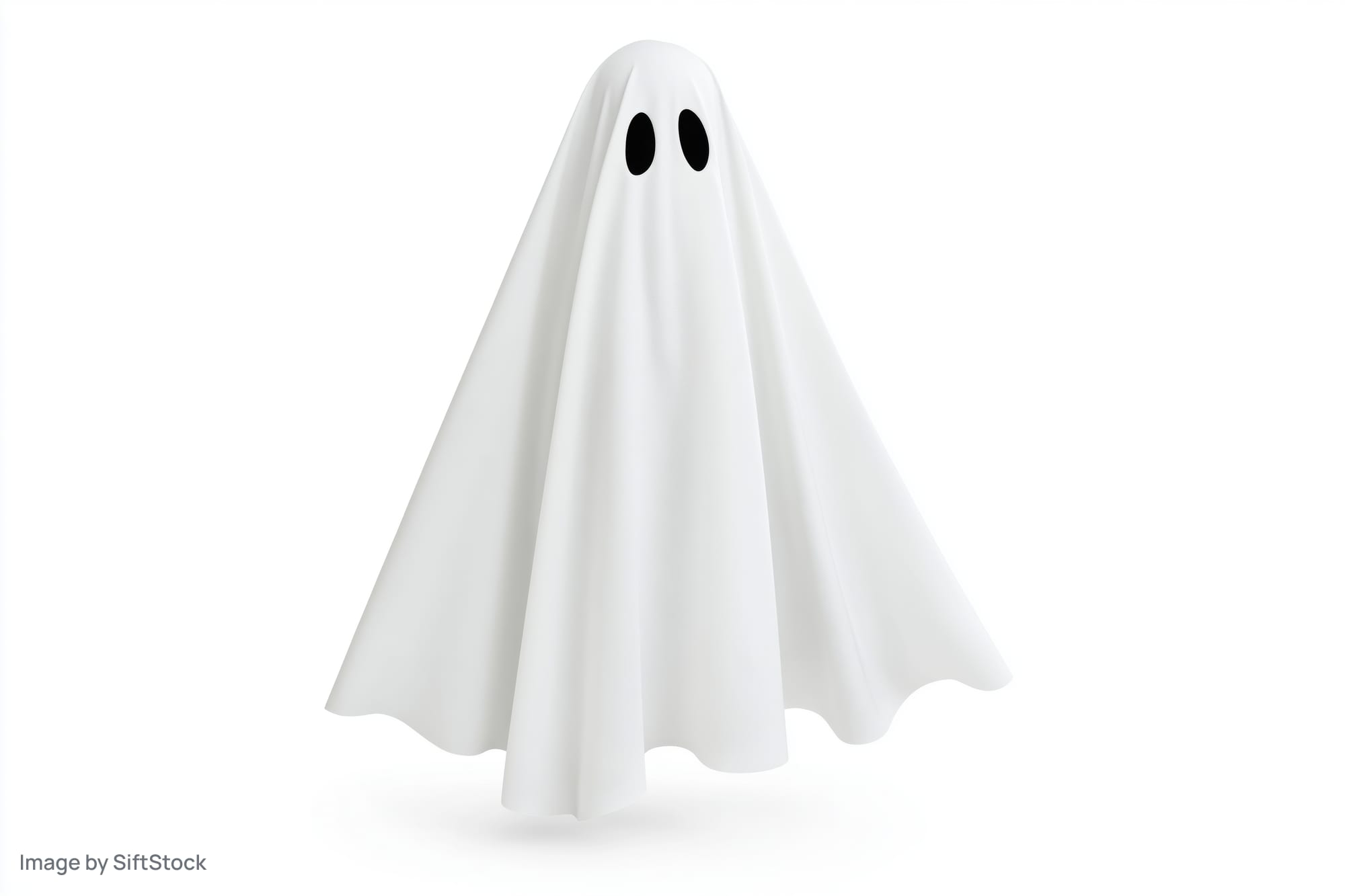 White sheet ghost costume floating against plain white background