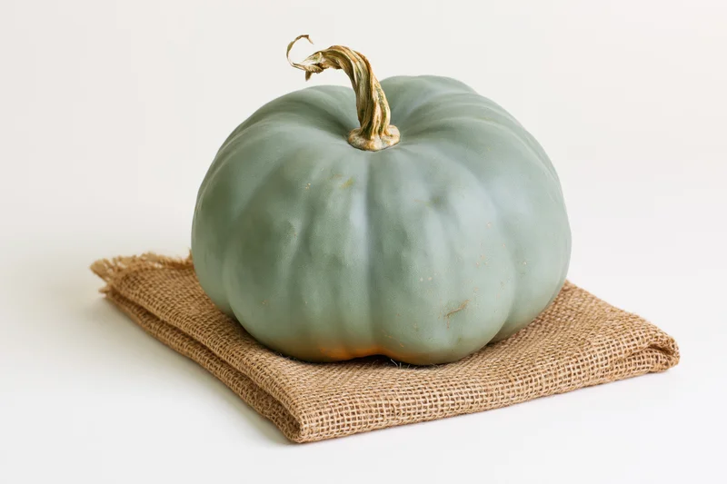 Blue-grey heirloom pumpkin resting on folded burlap cloth against white background