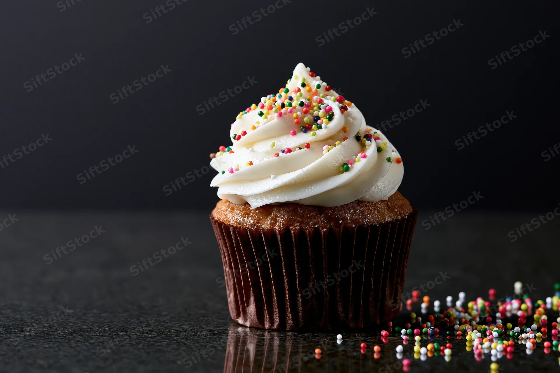 Single cupcake with white frosting and colorful sprinkles on dark reflective surface