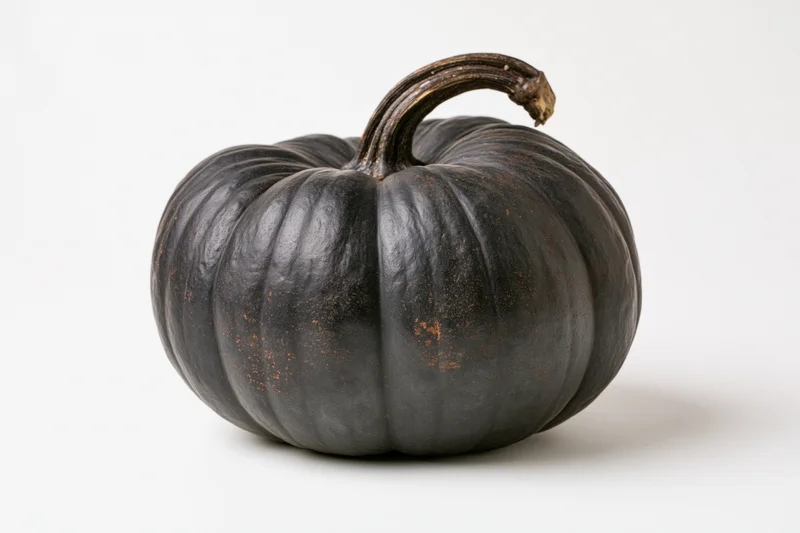 Dark charcoal-black ribbed pumpkin on white background with soft shadow