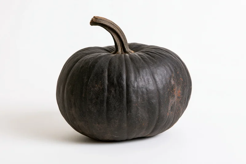 Dark charcoal-black ribbed pumpkin on white background
