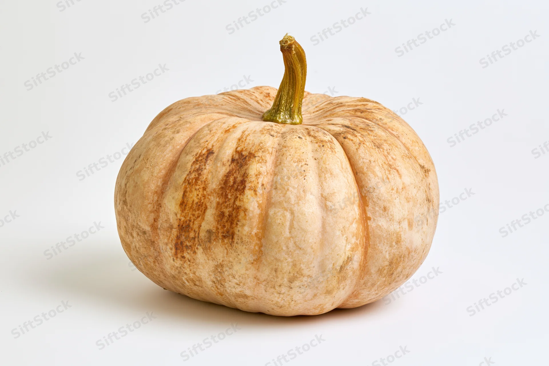 A flat pumpkin with mottled tan and russet skin and a green stem on a white background