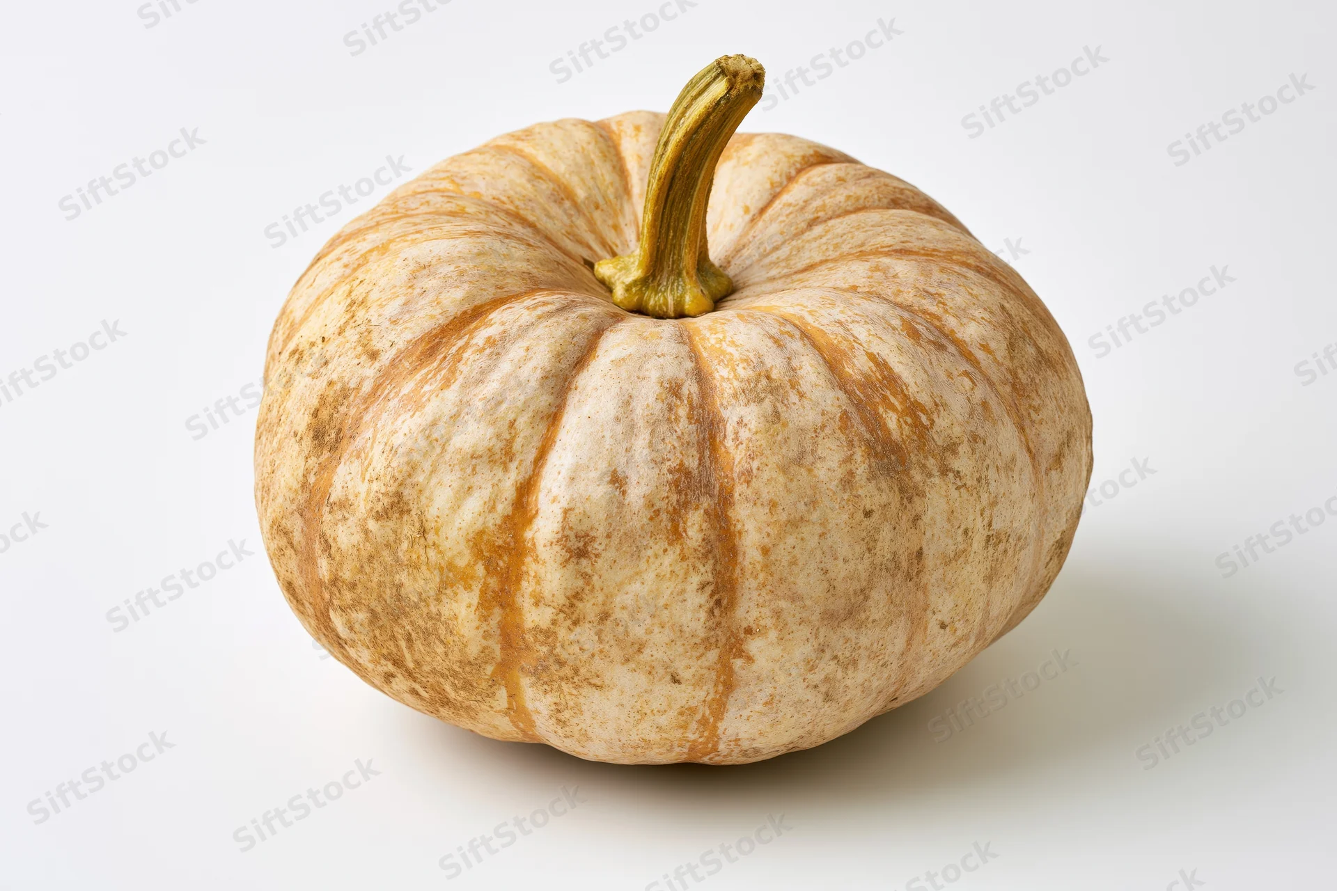 A single mottled tan and russet pumpkin with deep ribs and a green stem on a white background