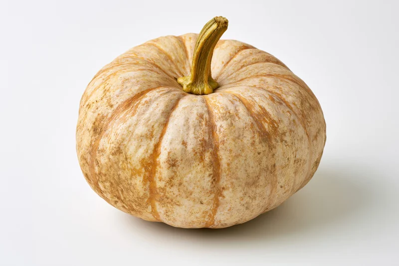 A single mottled tan and russet pumpkin with deep ribs and a green stem on a white background