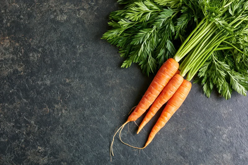 Three fresh carrots with green tops arranged on a dark stone surface