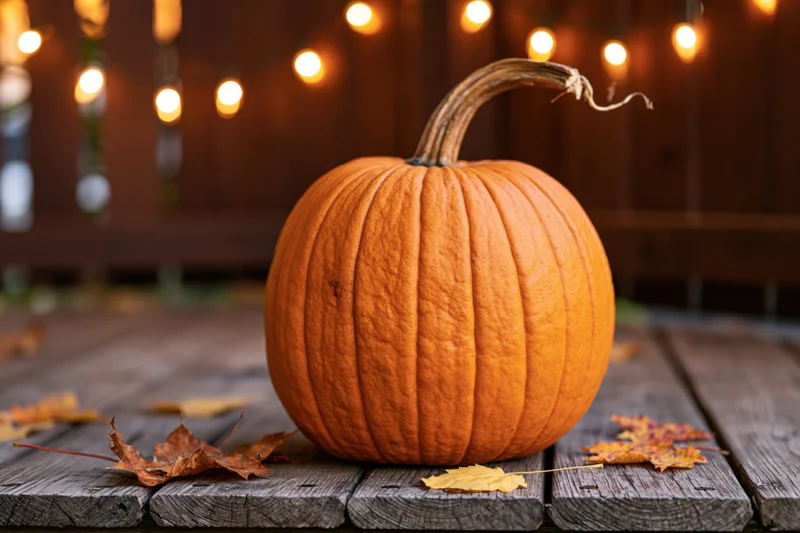 Orange pumpkin resting on weathered wooden deck surrounded by autumn leaves and string lights
