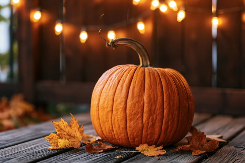 Orange pumpkin resting on weathered wooden deck surrounded by autumn leaves and string lights