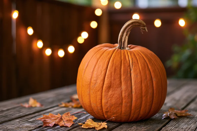Orange pumpkin resting on weathered wooden deck with scattered autumn leaves and string lights glowing in background