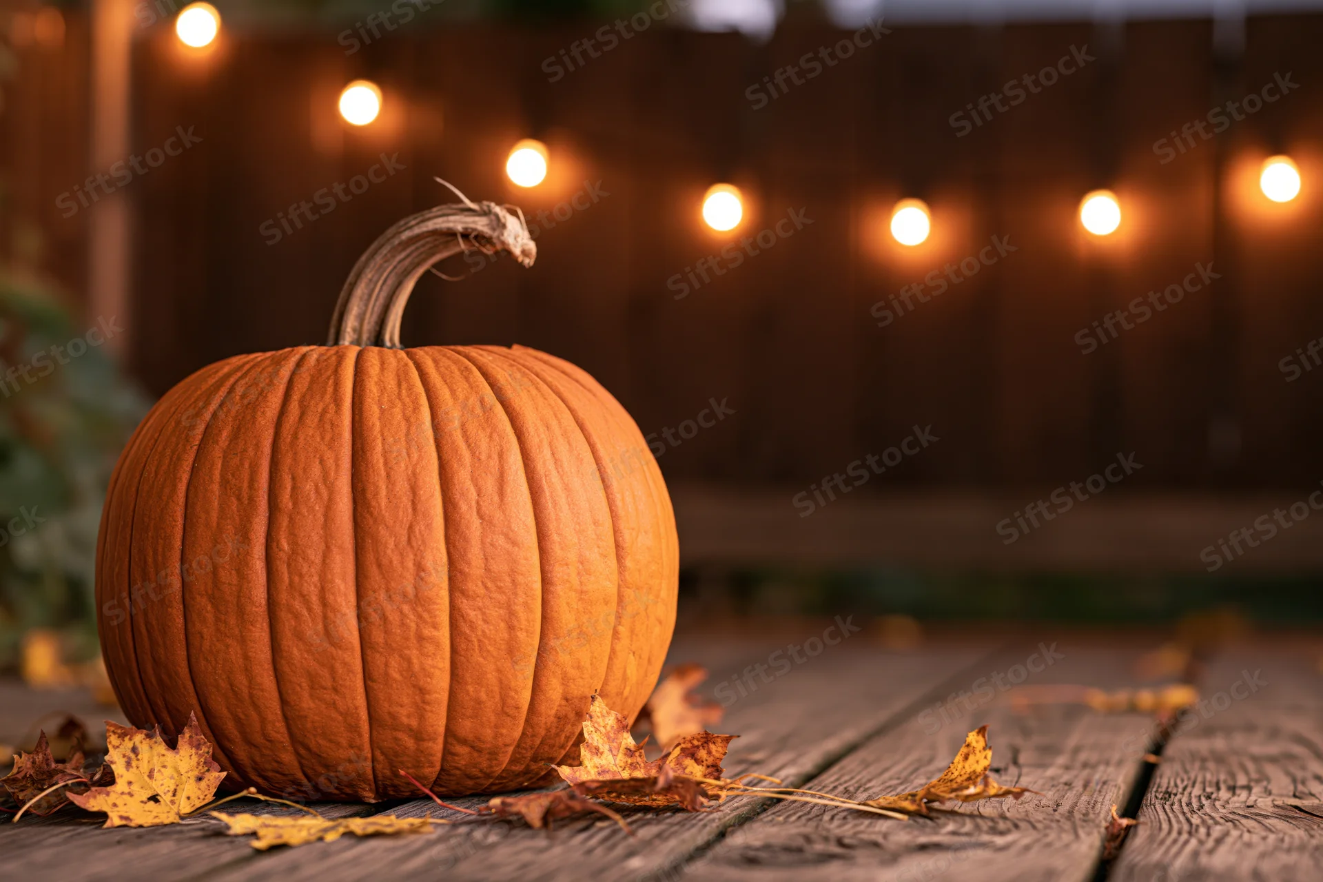 Orange pumpkin resting on weathered wooden deck surrounded by fallen leaves and string lights at dusk